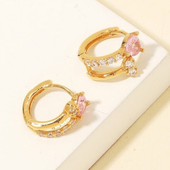 Heart Rhinestone Huggie Hoop Earrings | Gold and Pink - Picture 2 of 3